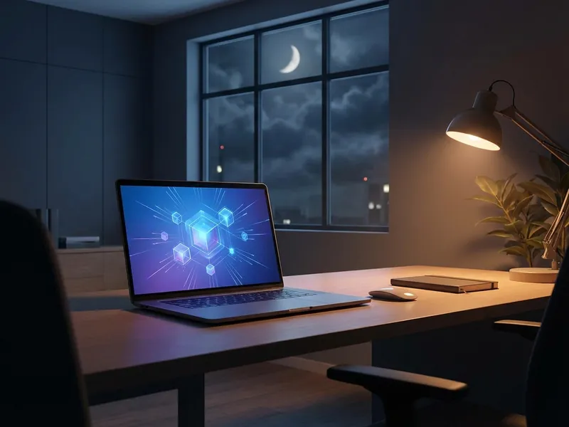 Glowing computer screen in dim room with moon visible, showing 24/7 website availability