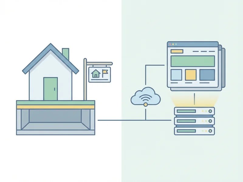 Visual comparison of a house address, lot, and building to domain, hosting, and website
