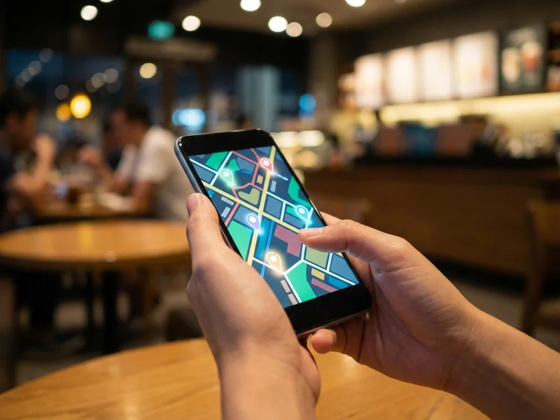 Person searching 'coffee near me' on smartphone with local results showing