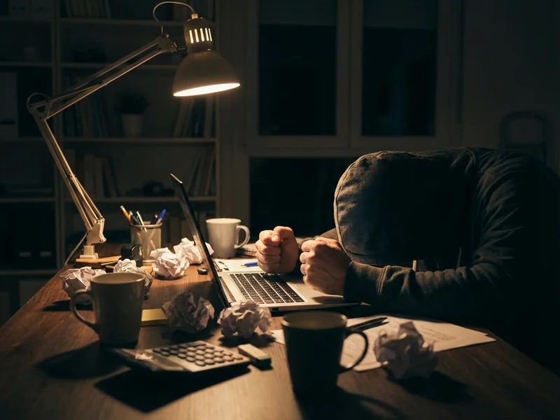 Frustrated small business owner staring at laptop late at night, tired of troubleshooting website issues