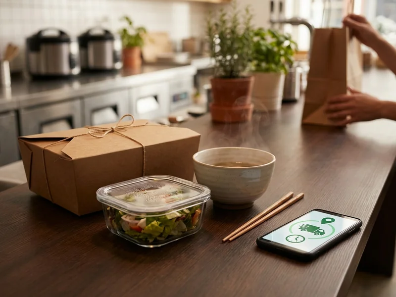 Customer placing takeout order on restaurant website with food ready for pickup