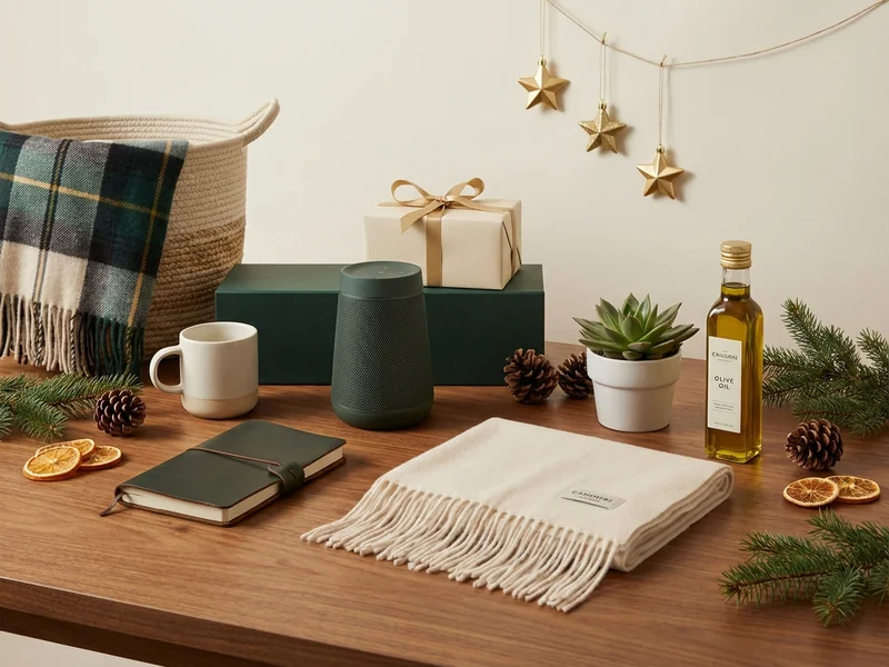 Curated holiday gift items arranged neatly with festive accents for seasonal promotions