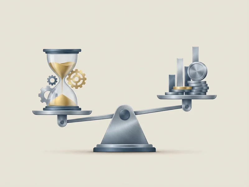 Hourglass and stack of coins on balance scale representing the time versus cost trade-off in website decisions