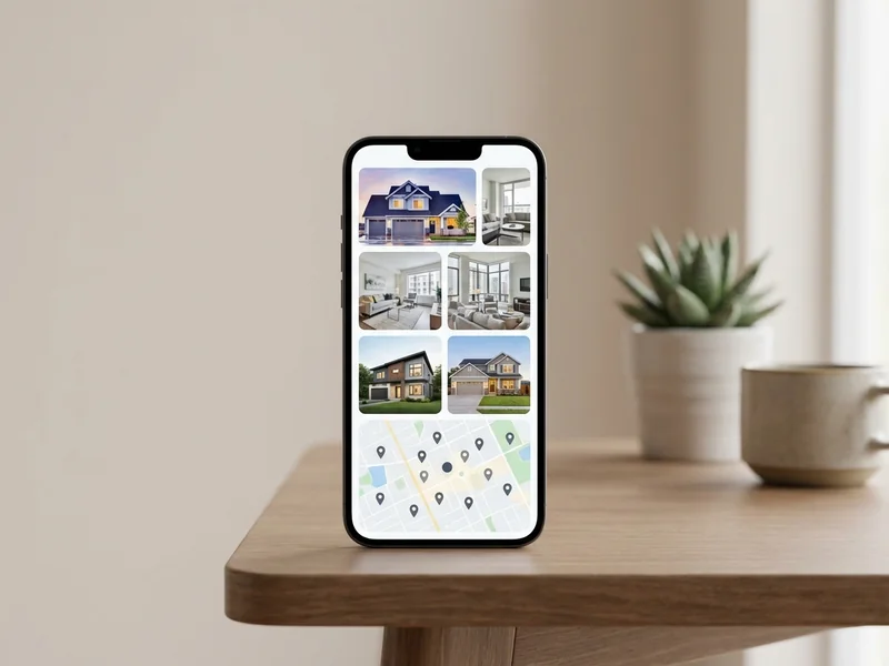 Smartphone displaying real estate website with property listings for mobile home searching