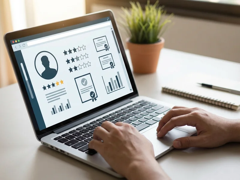 Person researching and reviewing real estate agent profile and website online before making contact