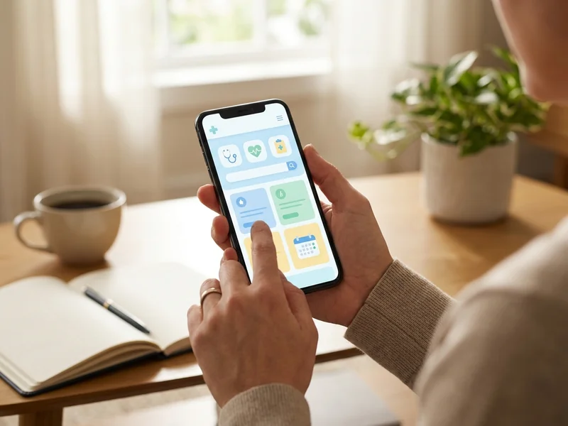 Patient evaluating healthcare practice website on smartphone, researching provider options and credentials