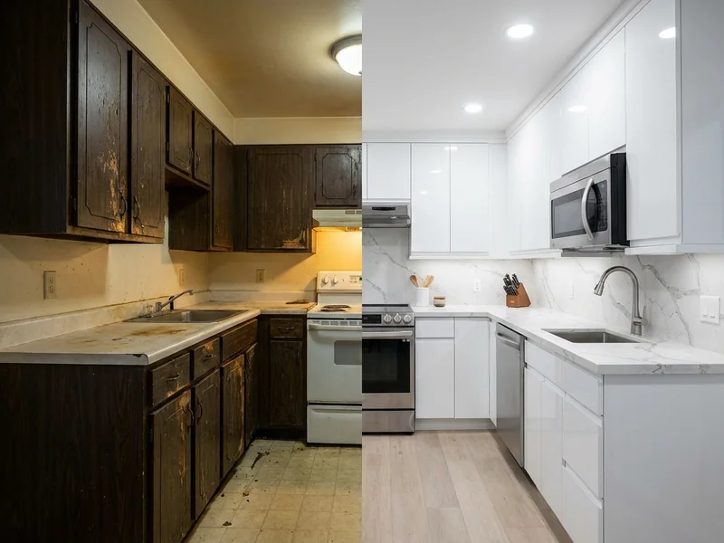 Before and after photos of a home renovation project showing dramatic improvement