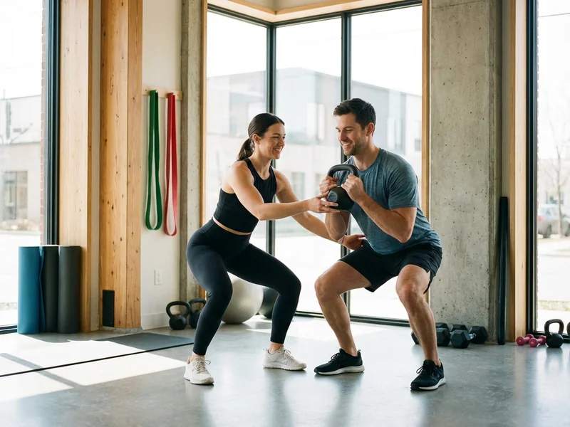 Personal trainer working with a client in a fitness studio, demonstrating proper form