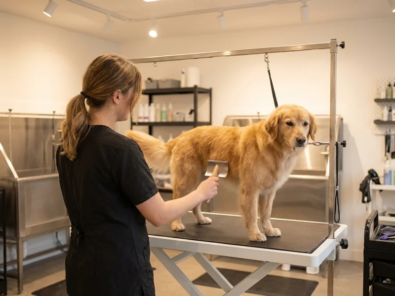 Professional pet groomer working with a happy dog in a clean, modern grooming salon