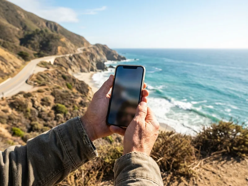 Tourist holding smartphone at a Highway 1 vista point overlooking the ocean