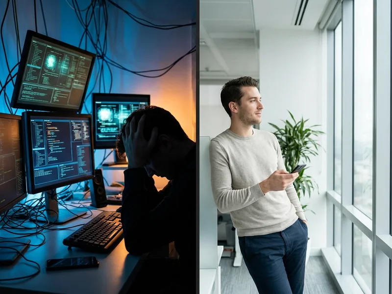 Split image showing frustrated person at computer versus relaxed business owner on phone, representing DIY versus managed service