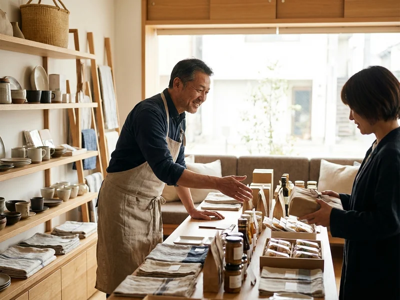 Local business owner helping customer with a warm smile, professional shop interior in the background