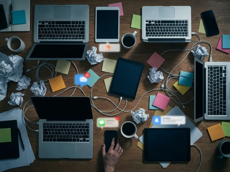 Stressed freelancer at desk surrounded by multiple client messages and deadlines